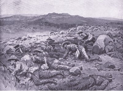 Sammen med Queensland Imperial Bushmen ved Rhenoster Kop 29. november 1900, illustration fra Efter Pretoria: The Guerilla War, 1902 af Frank Dadd