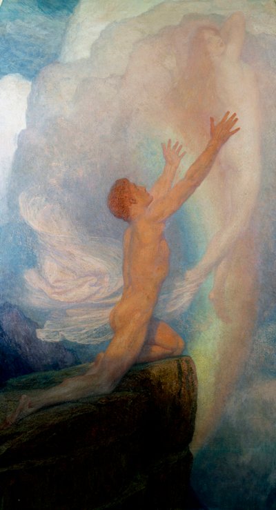 "In Quest of Truth" er en allegorisk fremstilling af søgen efter sandhed med en mand på toppen af et bjerg, der forsøger at fange en flygtig kvindeskikkelse. Maleri af Frank Dicksee (1853-1928) (prerafaelit) af Frank Dicksee