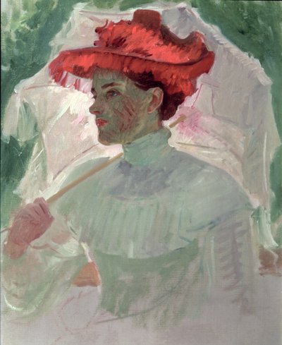 Kvinde med rød hat og parasol af Frank Duveneck