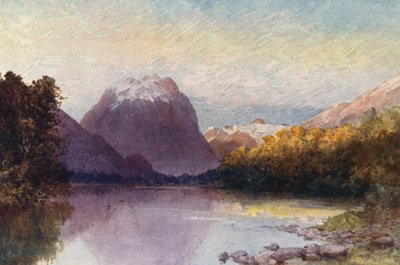 New Zealand: At the Head of Lake Te-Anau (farvelitografi) af Frank H Wright
