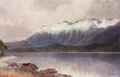 New Zealand: Cathedral Peaks (farvelitografi) af Frank H Wright