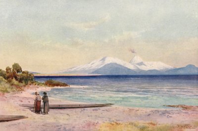 New Zealand: Lake Taupo (farvelitografi) af Frank H Wright