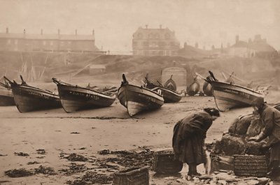 Kvinder læsser fisk i kurve fra fiskerbådene, Whitby Harbor af Frank Meadow Sutcliffe