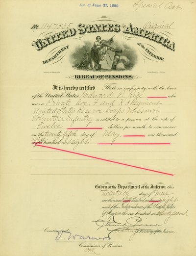 Meddelelse om pension til Edward Parker Rice, 20. juni 1908 af Frank Pierce