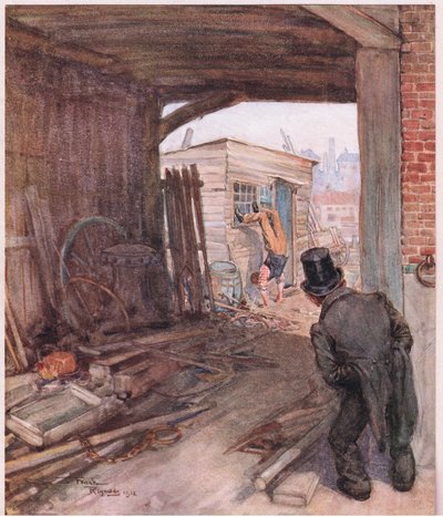 Da han ankom til sin destination, var det første, han så, et par meget ufuldstændigt skodde fødder i luften, ca. 1920 (farvelitografi). af Frank Reynolds