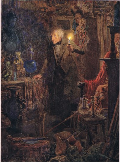 Han var en lille gammel mand med langt gråt hår, hvis ansigt og figur, da han holdt lyset over hovedet og så foran sig, ca. 1920 (farvelitografi) af Frank Reynolds
