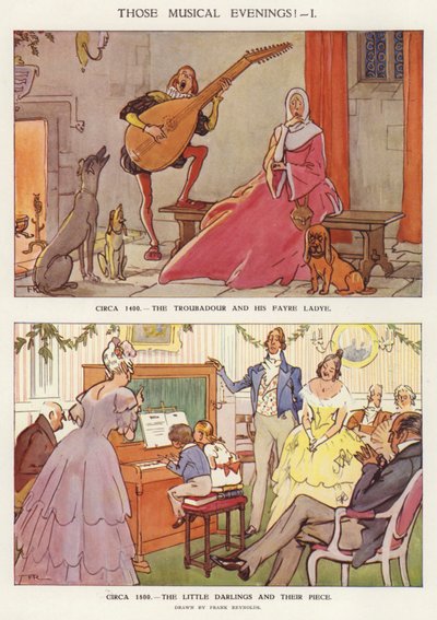 Musikalsk underholdning i form af en syngende troubadour og børn, der spiller paino (farvelitografi) af Frank Reynolds