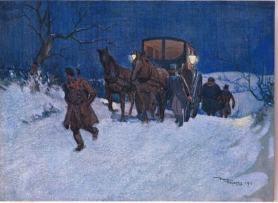 Tæt på rejsens afslutning, ca. 1920 (farvelitografi) af Frank Reynolds