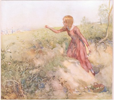 Kort efter solopgang om morgenen sneg hun sig ud af teltet og vandrede ind på nogle marker i skudafstand og plukkede et par roser, ca. 1920 (farvelitografi). af Frank Reynolds