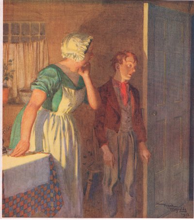 Barnet skyndte sig hen til døren og forsvandt lige så hurtigt, som hun var kommet, ca. 1920 (farvelitografi) af Frank Reynolds