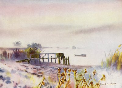 Norfolk Broads: Frosty Sunrise på Ormesby Broad (farve litho) af Frank Southgate