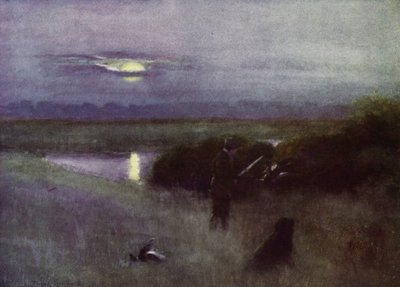Norfolk Broads: Moonrise, at Flight (farve litho) af Frank Southgate