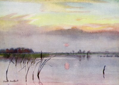 Norfolk Broads: Sunset, Heigham Sounds (farve litho) af Frank Southgate