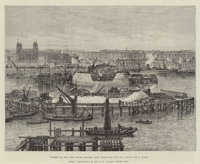 Arbejdet på den nye Tower Bridge, set fra toppen af en 100 fod høj skakt af Frank Watkins