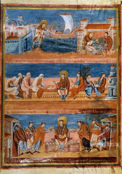 Sankt Hieronymus forlader Rom og betaler sin lærer i Jerusalem (øverst), arbejder med sine skriftlærde (i midten) og distribuerer Vulgata (nederst). Miniature i "" Første bibel af Karl den Skaldede, også kendt som Bibelen om Vivien"" (Folio 3v), 845-846. B af Frankish School