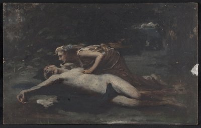 Pyramus og Thisbe, ca. 1875 (olie på træ) af François Alfred Delobbe