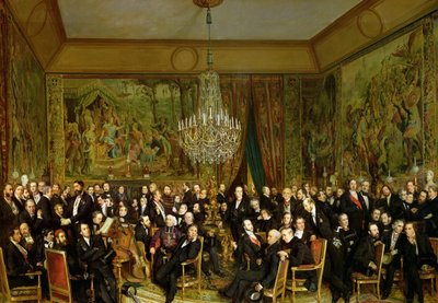 Alfred Emiliens salon, Comte de Nieuwerkerke 1811-1892 ved Louvre, 1855. af François August Biard