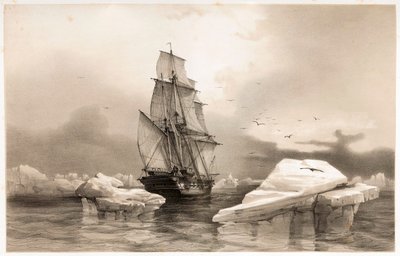 Corvette La Recherche nær Bear Island den 7. august, 1838, fra Voyages en Scandinavia, 1852. af François Auguste Biard