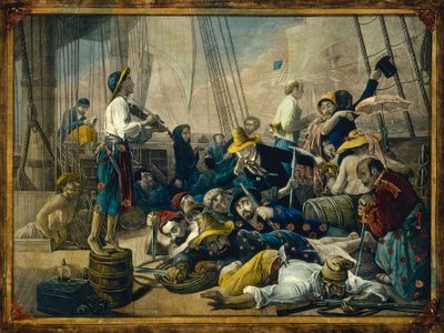 Pirater klædt i kvindetøj forsøger at lokke et handelsskib i en fælde af François Auguste Biard