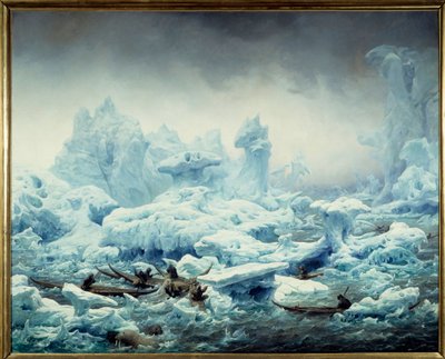 Udsigt over det iskolde hav, hvalrosfiskeri af grønlænderne Maleri af Francois Auguste Biard (1799-1882) 1841 Søn. 1,3x1,63 m Dieppe, musee du chateau - Fiskeri efter hvalros i det arktiske hav. Udsigt over Polarhavet, grønlændere på jagt på hvalros. Maler af François Auguste Biard