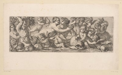 Bacchus med satyr, nereid og putti i vandet Mytologiske figurer ved vandet (serietitel) af François Bignon (attributed to)