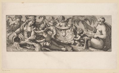 Putto med et brændende hjerte og gennemboret af nogle vandnymfer Mytologiske figurer ved vandet (serietitel) af François Bignon
