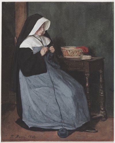 En nonne, der sidder ved et bord, strikker af François Bonvin