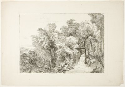 A Mill Lock in the Middle of Willows, planche 97 fra figurer af forskellige karakterer, landskaber og studier tegnet fra naturen af François Boucher