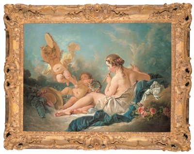 En tilbagelænet nymfe, der spiller på fløjte med Putti, måske Muse Euterpe, 1752 af François Boucher