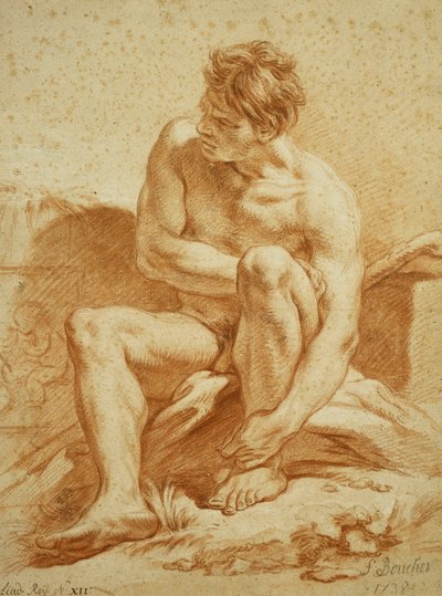 En siddende nøgen med en stav, et relief med Putti til venstre, 1738 af François Boucher