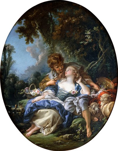 En hyrde og en hyrdeinde i Dalliance i et skovklædt landskab, 1761 af François Boucher