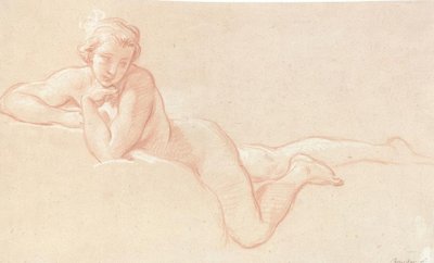 Nøgenstudie af en kvinde liggende på skyer med hagen hvilende på venstre hånd af François Boucher