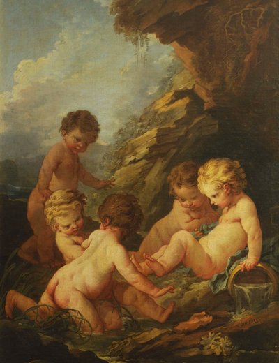 Boucher - Fem nøgne børn leger ved et klippebassin, 1730-1735 af François Boucher