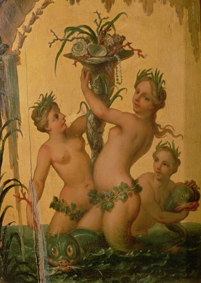 Detalje af sirener, der holder et overflødighedshorn fra Peter den Stores statsvogn, ca. 1724 af François Boucher