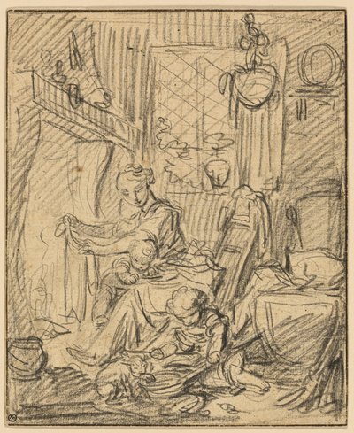 Indenlandsk scene: Mor med to små børn før en kappe af François Boucher