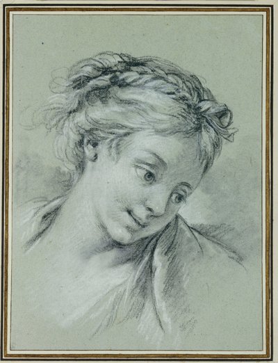 Hovedet på en pige, der kigger ned til højre af François Boucher