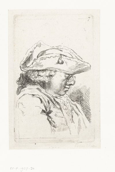Hoved af en mand med briller og tricorne Suite med små genrestykker og overskrifter (serietitel) af François Boucher