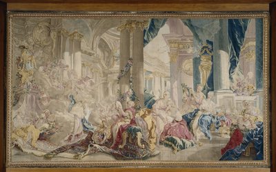 Manufacture de Beauvais - Psyke føres af Zephyr ind i kærlighedens palads, og Psyke viser sin rigdom til sine søstre, efter 1741 af François Boucher