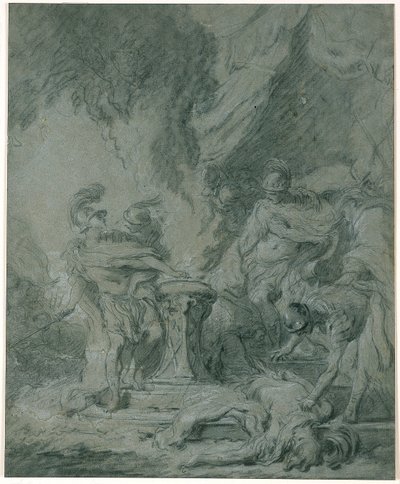 Mucius Scaevola stikker hånden i ilden af François Boucher