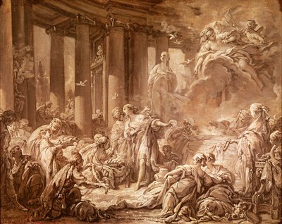 Psyche Receiving the Divine Honours (forberedende undersøgelse), ca. 1740 (oliemaleri på papir monteret på lærred) af François Boucher