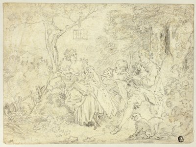 Hyrdinder og ung mand, der spiller sækkepibe af François Boucher