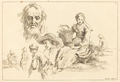 Figurstudier inklusive skægget ansigt af en gammel mand af François Boucher after Abraham Bloemaert