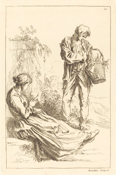 Siddende kvinde med bondedreng holder en kurv af François Boucher after Abraham Bloemaert