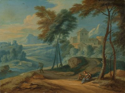 Skovklædt italiensk landskab med figurer af François Boudewyns