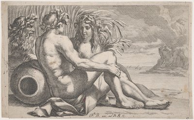 Flodguder tilbagelænet foran et havlandskab, 1651-82. af François Bourlier