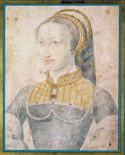 Portræt af Jeanne af Albret, dronning af Navarra (1528 - 1572), mor til Henrik IV. Tegning med sort sten og blod af Francois Clouet (1515-1572) af François Clouet