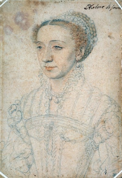 Portræt af Marguerite de France, datter af Francois I, hertuginde af Savoyen (1523 - 1574). Tegning med sort sten og blod af Francois Clouet (1515-1572) af François Clouet