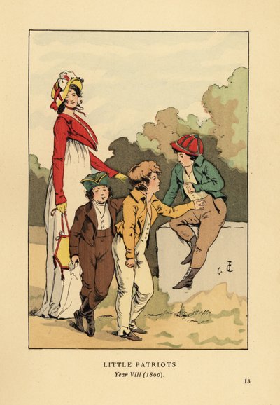 Drenge i jakker og ridebukser med Merveilleuse i romersk kappe med motorhjelm og spencerjakke. Små Patrioter, år VIII af François Courboin