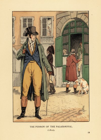 Moderigtig herre foran indgangen til Passage du Perron, Palais Royal. Han bærer hat, halsbånd, frakke, veste bukser og støvler. Perron fra Palais Royal, Paris af François Courboin