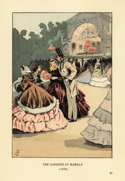 Moderigtige mennesker til udendørsdans, Bal Mabille.. Kvinder i brede krinoliner og pelskapper, mand i høj hat, jakke og stribede bukser. Aftendansen på Jardin Mabille, Avenue Montaigne, blev afholdt fra 1844 til 1875. Haverne i Mabille af François Courboin